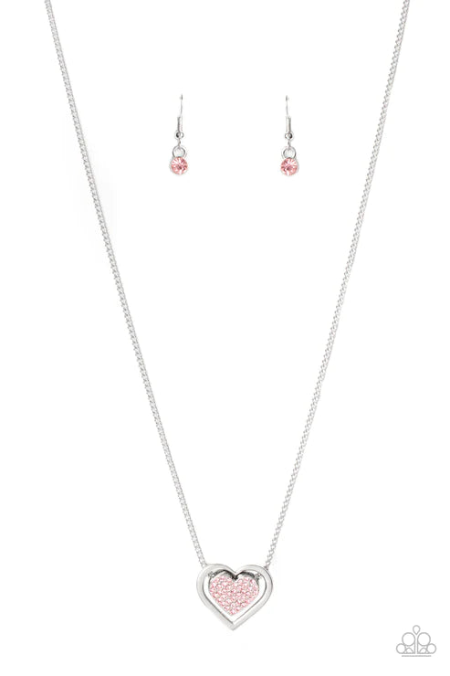 Game, Set, MATCHMAKER - Pink Suspended 3D Double Heart Encrusted Necklace N#2417