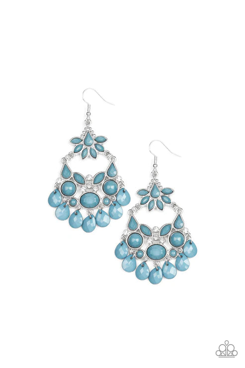Garden Dream - Blue/BlueStone Hue Faceted Round/Teardrop/Marquise Cut Dotted Encrusted Stacked Teardrop Fringe Earrings E#2969