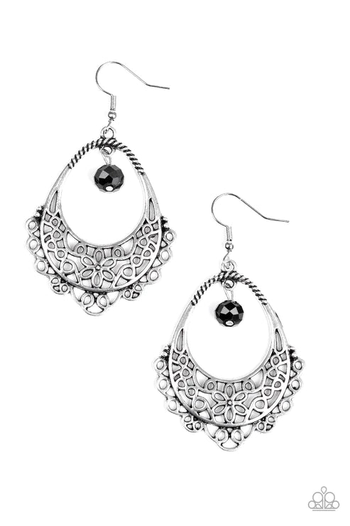 Garden Society - Oversized Black Floral Swirl Filigree Crystal Teardrop Earrings E#5756