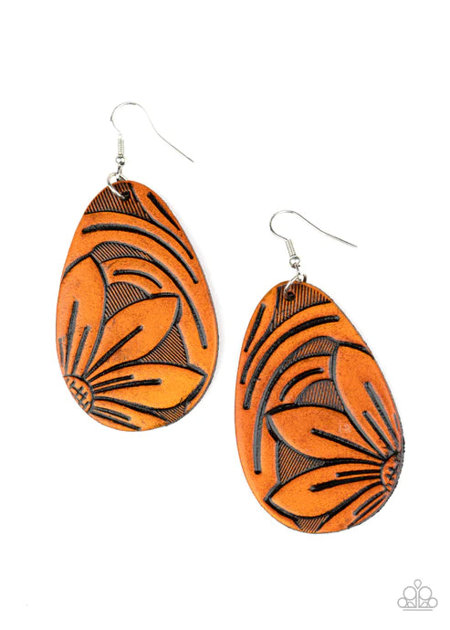 Garden Therapy - Oversized Brown Stamped/Embossed Rustic 3D Flower Leather Teardrop Earrings E#4464