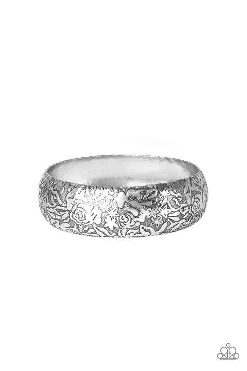 Garden Villa - Oversized Silver Antiqued Embossed Rosy Floral Bangle Bracelet B#3979