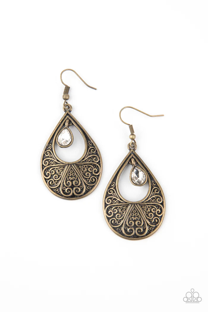 Garden Magic - Brass Embossed Heart Filigree Teardrop Earrings E#6833