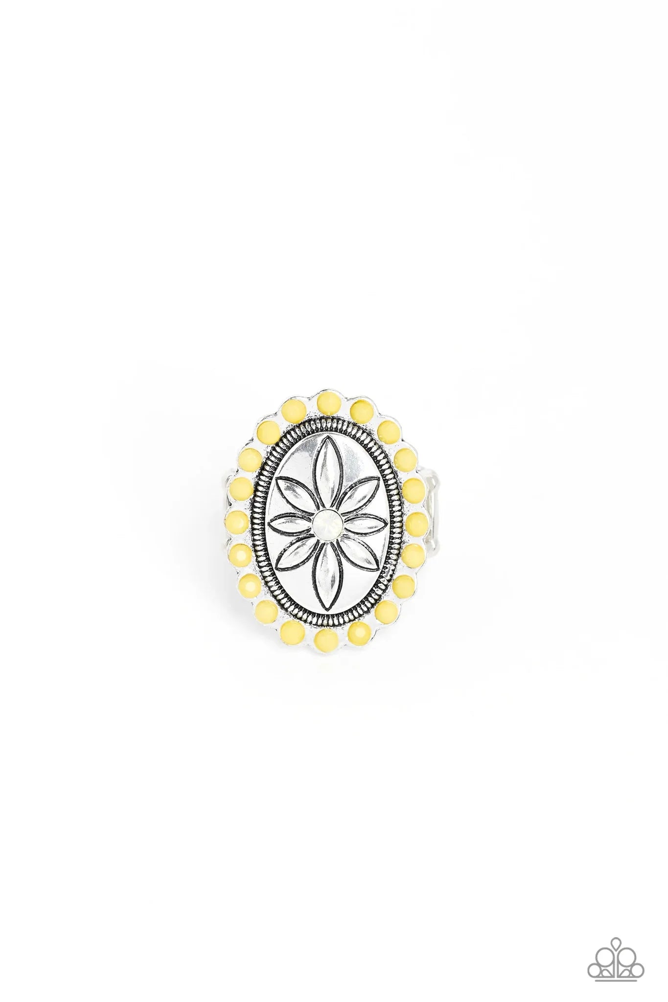 Garden Paradise - Oversized Yellow Opalescent Encrusted Faceted Stamped Floral Bordered Ring R#7201