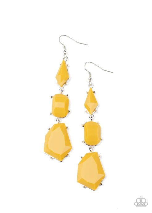Geo Getaway - Oversized Yellow/Silver Imperfect Faceted Encased Studded Lure Earrings E#2719