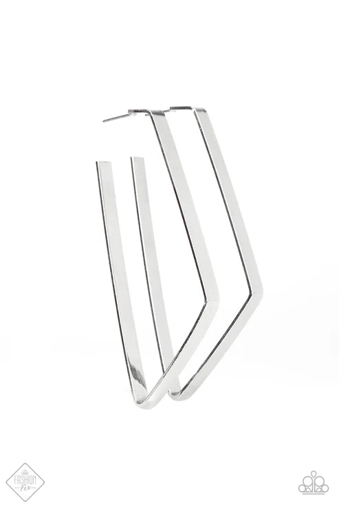 Geo Jam - Oversized Silver Edgy Antiqued Shimmer Flat Bar Abstract Geometric Earrings E#7232
