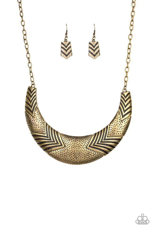 Geographic Goddess - Oversized Brass Angular Shapes Hammered Chevron Stamped Coalescing Necklace N#4562