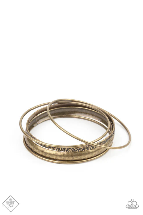 Get Into Gear - Brass Smooth Hammered Textured Industrial Bangle Bracelet Stack B#4471