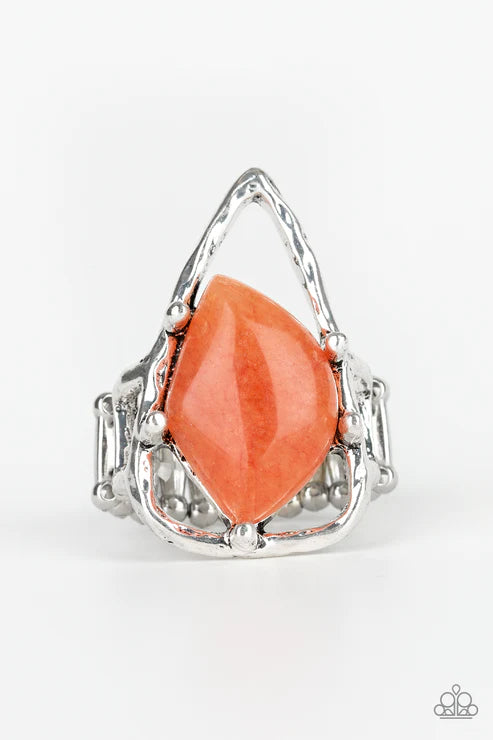 Get The Point - Oversized Orange Abstract Triangle Nestled Hammered Stone Ring R#4780