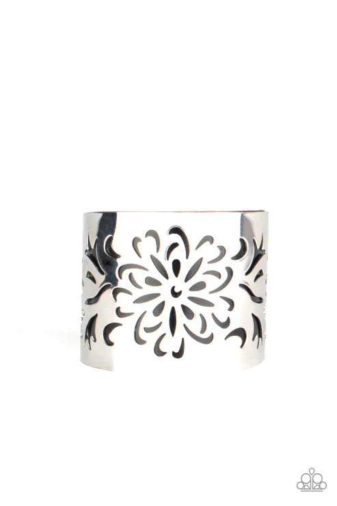 Get Your Bloom On - Oversized Black/Silver Airy Stenciled Peek Out Floral Leather Cuff Bracelet B#4255
