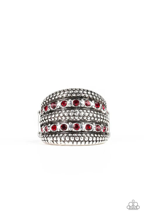 Girl Fight - Oversized Red Duo Encrusted Antiqued Studded Ring #60634