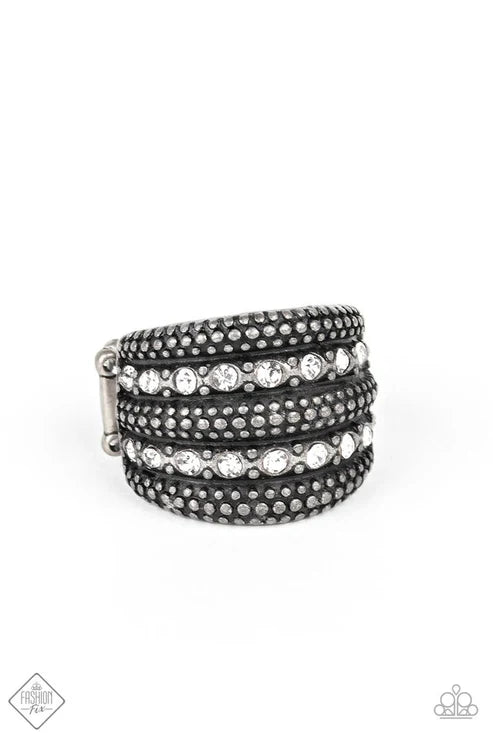 Girl Fight - Oversized White/Tin-Finished Duo Encrusted Antiqued Studded Ring R#6728