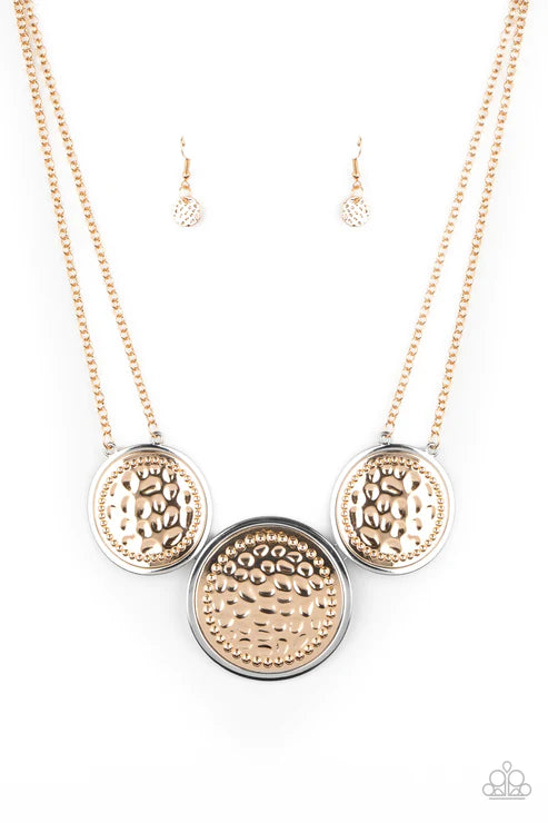Gladiator Glam - Oversized Gold Trio Warped Hammered Gladiator Industrial Necklace N#4251