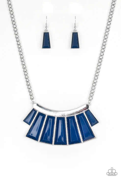 Glamour Goddess - Evening Blue Faceted Emerald Hammered Flared Plate Necklace N#3597