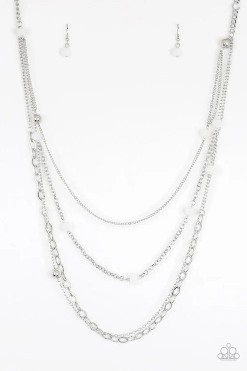 Glamour Grotto - Oversized White Opaque Crystal Mismatched Trickle Chains Necklace N#6338
