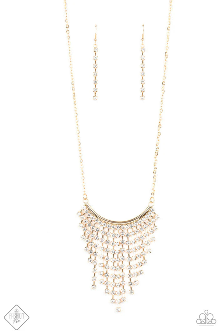 Glitter Bomb - Oversized Gold Sporadic Encrusted Layered Fringe Necklace N#6634