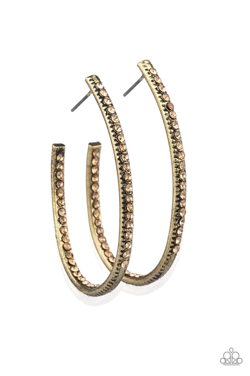 Globetrotting Glitter - Brass/Golden Topaz Front/Inside Encrusted Hook Hoop Earrings E#2983