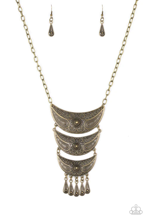 Go STEER-Crazy - Oversized Brass Dotted/Studded Decorative Crescent Tribal Connected Teardrop Plates Necklace N#5017
