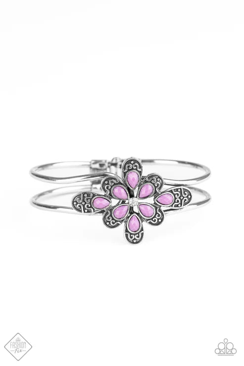 Go With The FLORALS - Purple Airy Decorative Petals Fans Out Encrusted Accents Hinged Closure Cuff Bracelet B#7258