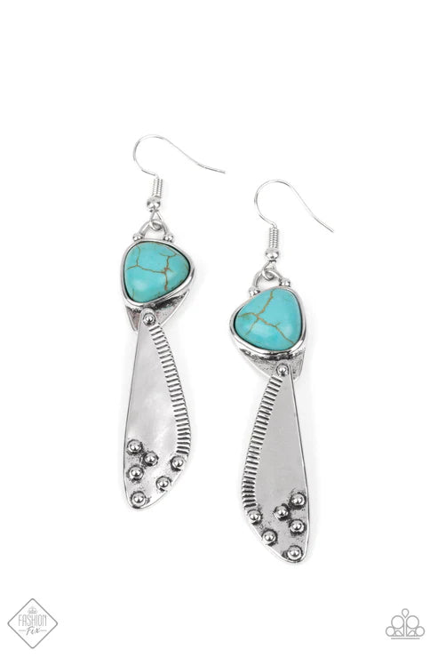 Going-Green Goddess - Oversized Blue Ribbed Linear Textures Dotted Studded Asymmetrical Plate Stone Earrings E#7260