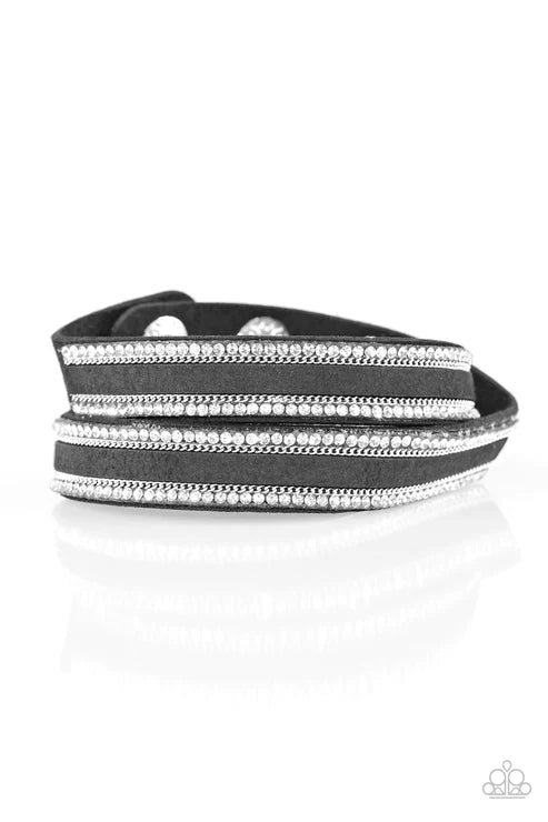 Going For Glam - Black Elongated Encrusted Suede Double Wrap Adjustable Snap Closure Bracelet B#4224