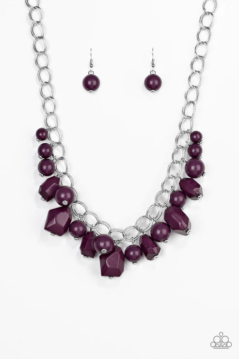 Gorgeously Globetrotter - Oversized Eggplant Purple Faceted Imperfect Duo Chain Link Fringe Necklace N#4455