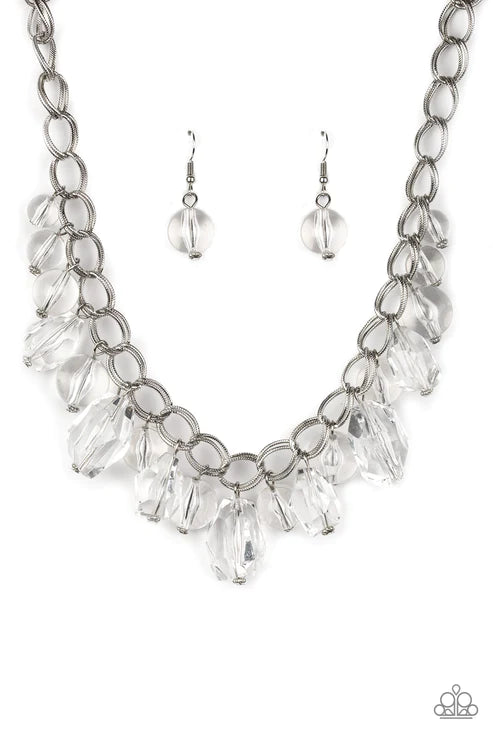 Gorgeously Globetrotter - Oversized White Crystal Faceted Imperfect Duo Chain Link Fringe Necklace N#4168