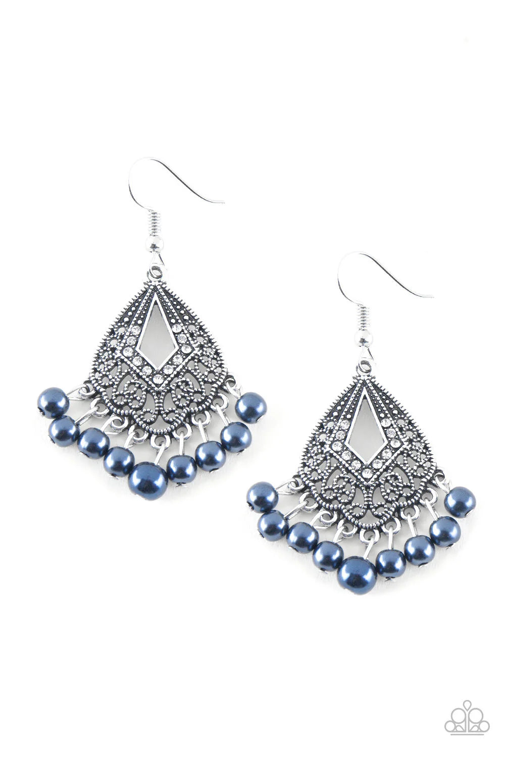 Gracefully Gatsby - Blue Pearl Ornate Encrusted Fringe Earrings E#7130