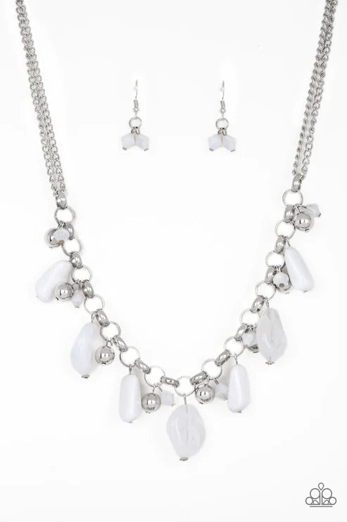 Grand Canyon Grotto - White Polished/Cloudy Faux Rocks Trickle Dance Fringe Necklace N#3988