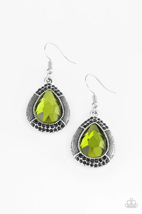 Grandmaster Shimmer - Green/Black Faceted Studded Encrusted Teardrop Earrings E#5722