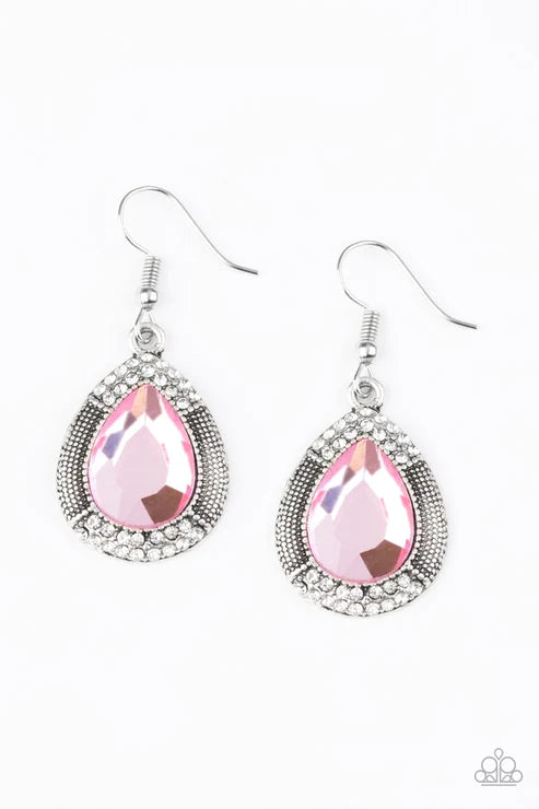 Grandmaster Shimmer - Pink/White Faceted Studded Encrusted Teardrop Earrings E#922