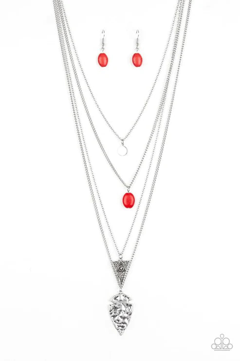 Grounded In ARTIFACT - Fiery Red Arrowhead Triangular Hammered Stone Disc Necklace N#3479