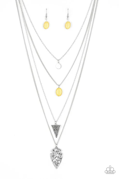 Grounded In ARTIFACT - Sunny Yellow Arrowhead Triangular Hammered Stone Disc Necklace N#3505