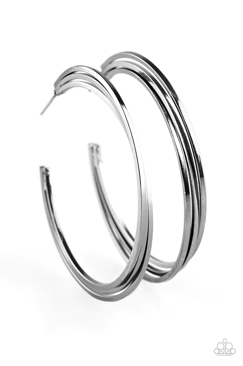 HAUTE Gossip - Oversized Black Trio Flat Curled Industrial Hoop Earrings E#3752