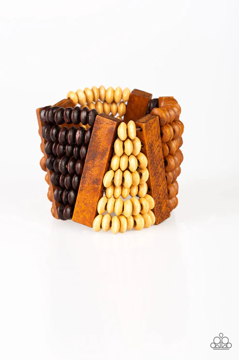 HAUTE In Hispaniola - Oversized Brown (Lt.Brown/Dk.Brown/Brown) Round/Rectangular Distressed Wood Bracelet B#4915