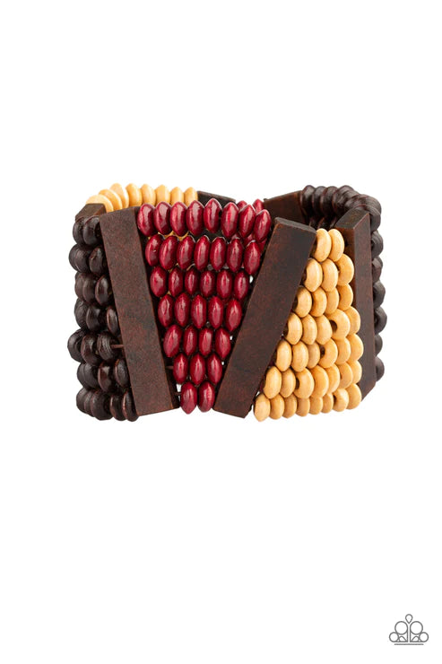 HAUTE In Hispaniola - Oversized Red (Lt.Brown/Dk.Brown/Red) Round/Rectangular Distressed Wood Bracelet B#4914