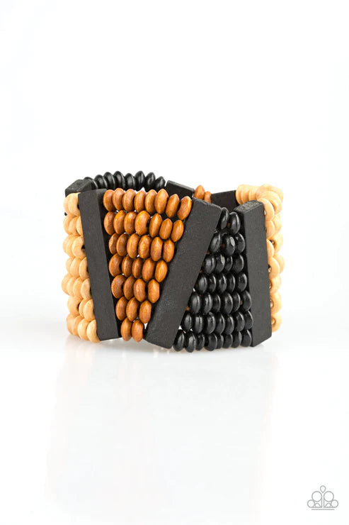 HAUTE In Hispaniola - Oversized Black (Lt.Brown/Dk.Brown/Black) Round/Rectangular Distressed Wood Bracelet B#4868