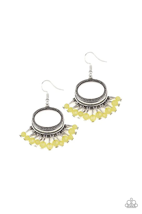 Happy Days - Yellow Opaque Crystal Round Studded Twinkling Fringe Earrings E#3964