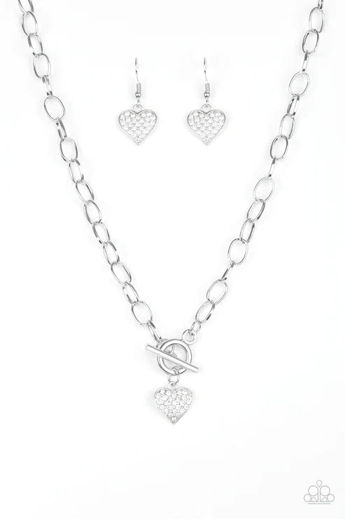 Harvard Hearts - White 3D Heart Encrusted Tiffany Clasp Necklace N#3015