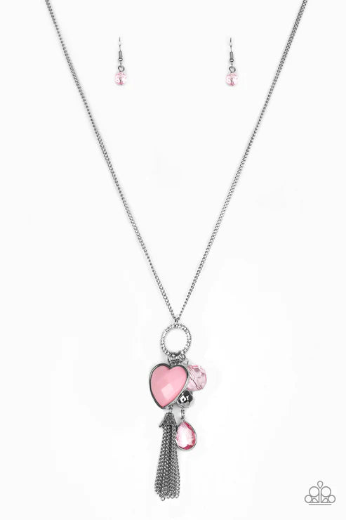 Haute Heartbreaker - Oversized Pink Infused Faceted 3D Heart Accent Encrusted Tassel Necklace N#3013