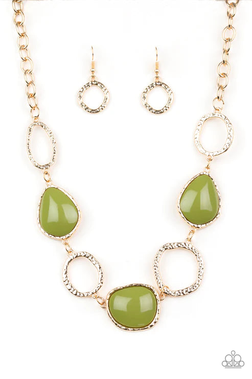 Haute Heirloom - Green/Gold Asymmetrical Hammered Textured Ring Necklace N#4020