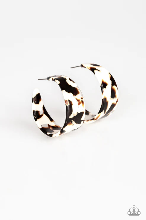 Havana Heat Wave - Oversized White/Brown Retro Brushed Faux Marble Flat Curled Hoop Earrings E#2865
