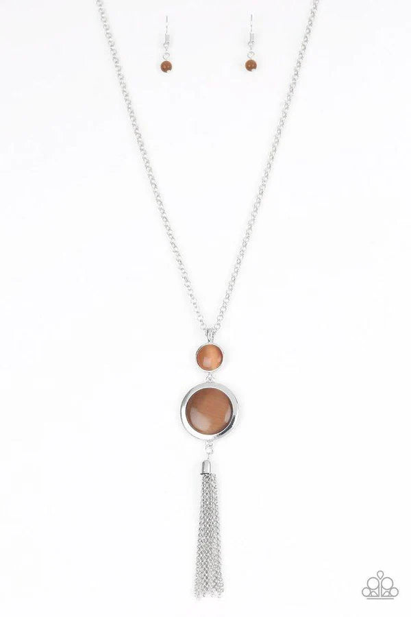 Have Some Common SENSEI - Brown Duo Stacked Cat's Eye Moonstone Pendants Tassel Necklace N#7019