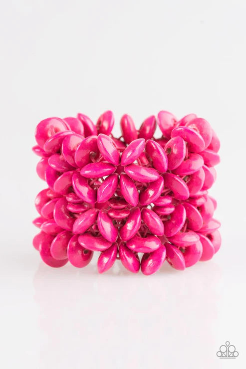 Hawaii Haven - Pink Summery Floral Distressed Wooden Accent Bracelet B#4927