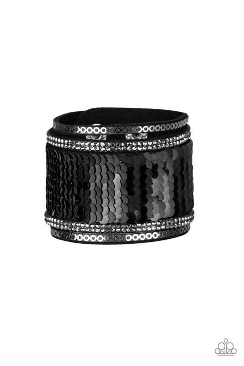 Heads Or MERMAID Tails - Black/Silver Spliced Stitched Reversible Sequins Infused Smoky Hematite Metallic Accents Suede Bracelet B#7240