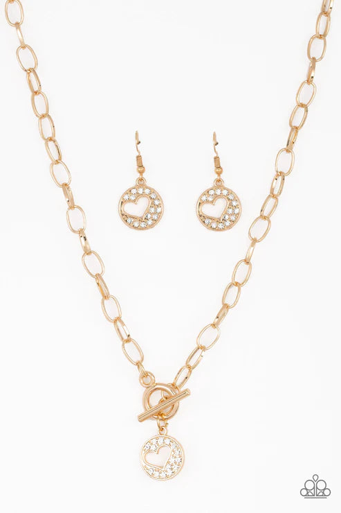Heartbeat Retreat - Gold Radiating Encrusted Airy 3D Cut Out Heart Pendant Tiffany Clasp Necklace N#4107