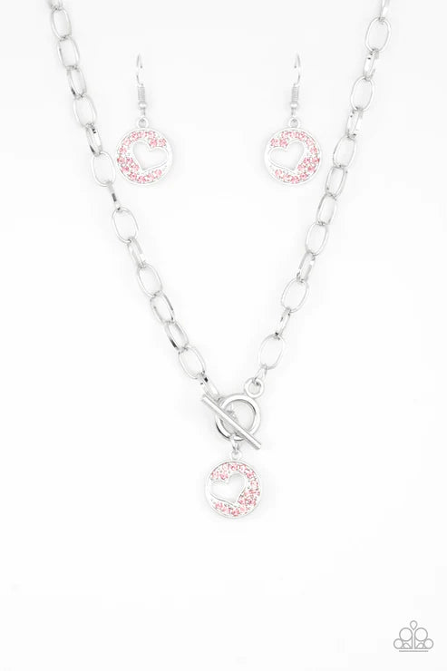 Heartbeat Retreat - Pink Radiating Encrusted Airy 3D Cut Out Heart Pendant Tiffany Clasp Necklace N#3067