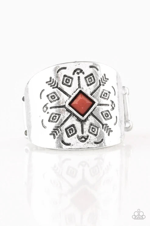 Here Today, Gone Tom-ARROW - Oversized Brown Stamped Arrow Faceted Tribal Ring R#6426