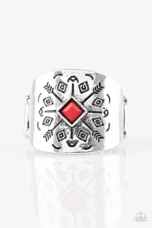 Here Today, Gone Tom-ARROW - Oversized Red Stamped Arrow Faceted Tribal Ring R#6313