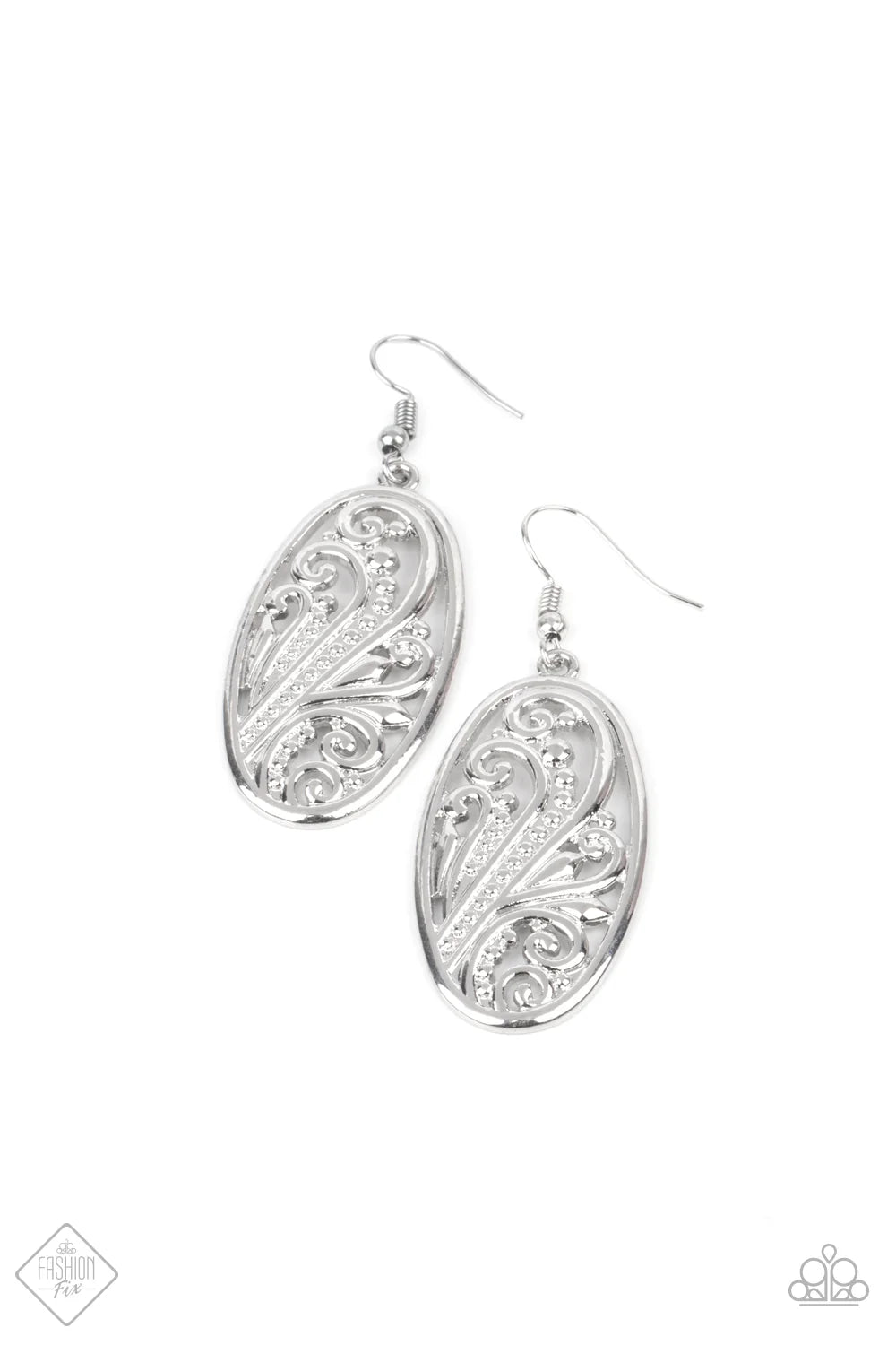 High Tide Terrace - Oversized Silver Oval Antiqued Airy Dotted Frilled Swirl Blossoming Botanical Allure Earrings E#7220