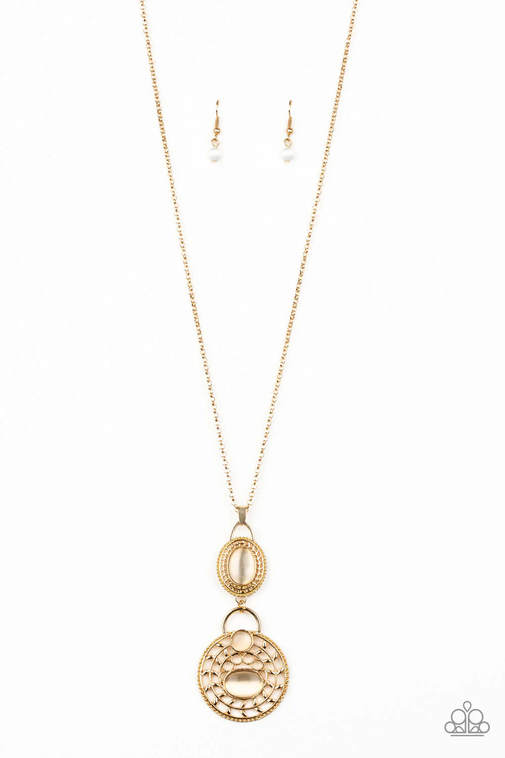 Hook, VINE, and Sinker - Gold Dotted/Studded Cat's Eye Moonstone Swirl Vine Filigree Accent Necklace N#7142